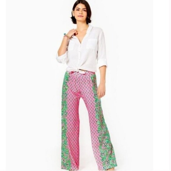 Lilly Pulitzer Elastic Waistband Wide Leg Palazzo Pants Pink & Green, XS - Picture 2 of 15